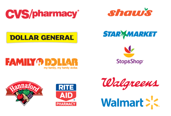 List of retailers: CVS, Shaws, Dollar General, Star Market, Family Dollar, Stop&Shop, Hannaford, Rite Aid, Walgreens, Walmart